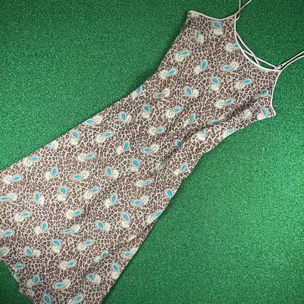 Vintage 90s Cabernet Cheetah & Paisley Print Midi Lace Back Slip Dress Sz L